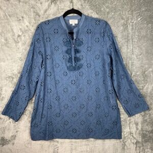 Johnny Was Jade Tunic Top Small Blue Embroidered Silk‎ Cotton Floral Popover
